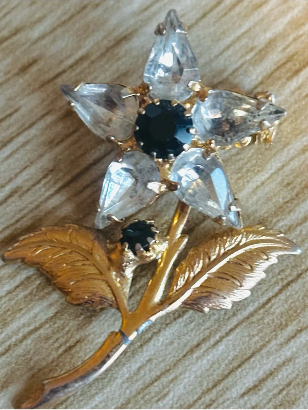 Delicate Vintage Flower Brooch with Deep Navy and Clear Crystal Petals